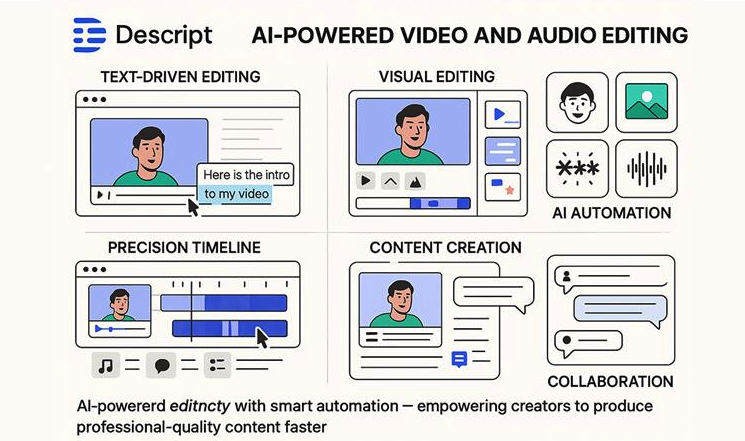 Descript interface showing a video being edited through its text transcript